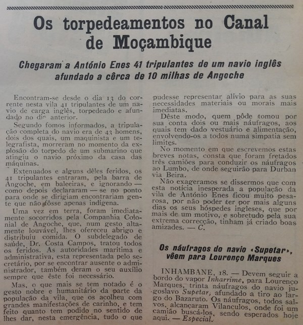 Informação publicada no jornal "Notícias" de Lourenço Marques
