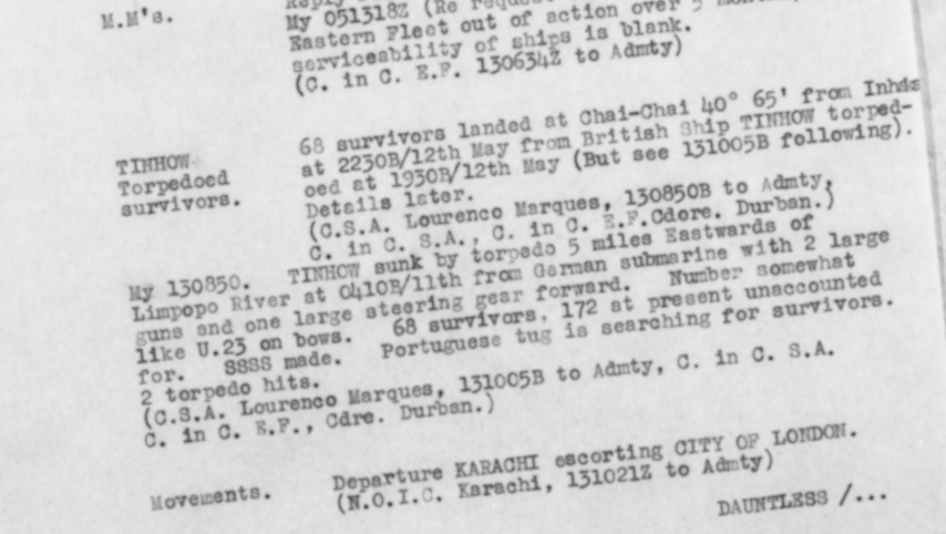 The sinking of the Tinhow in the American Admiralty War Diaries